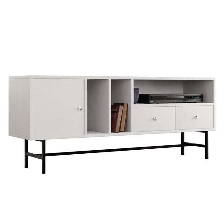LeisureMod Rochester Modern Rectangular TV Stand with Enclosed Storage and Powder Coated Iron Legs White Closer View.