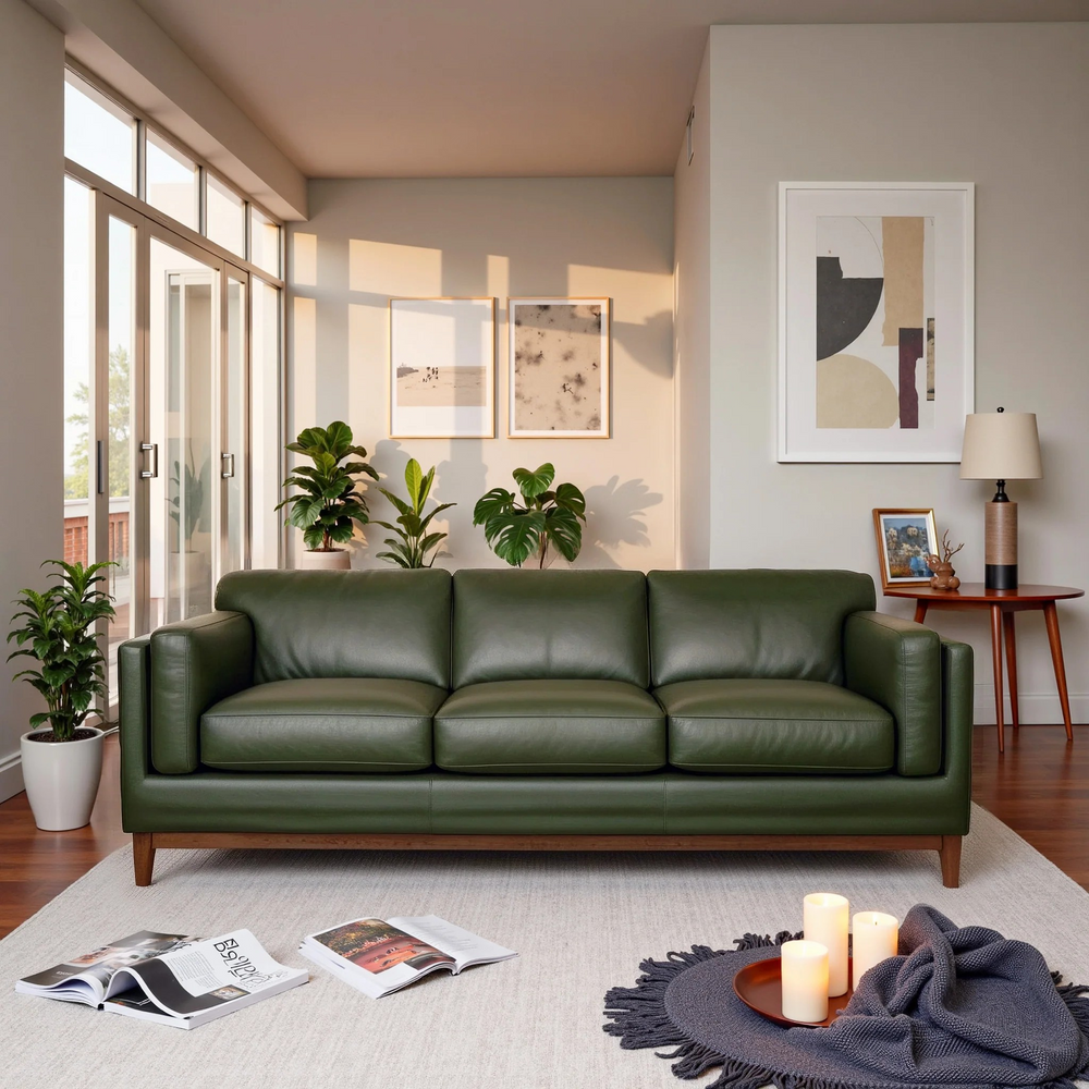 Raleigh Sustainable FSC Wood 3-Seater Top Grain Leather Sofa Front View.