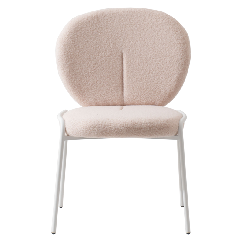 LeisureMod Mid-Century Modern Boucle Dining Chair with White Frame, Beige Front View.
