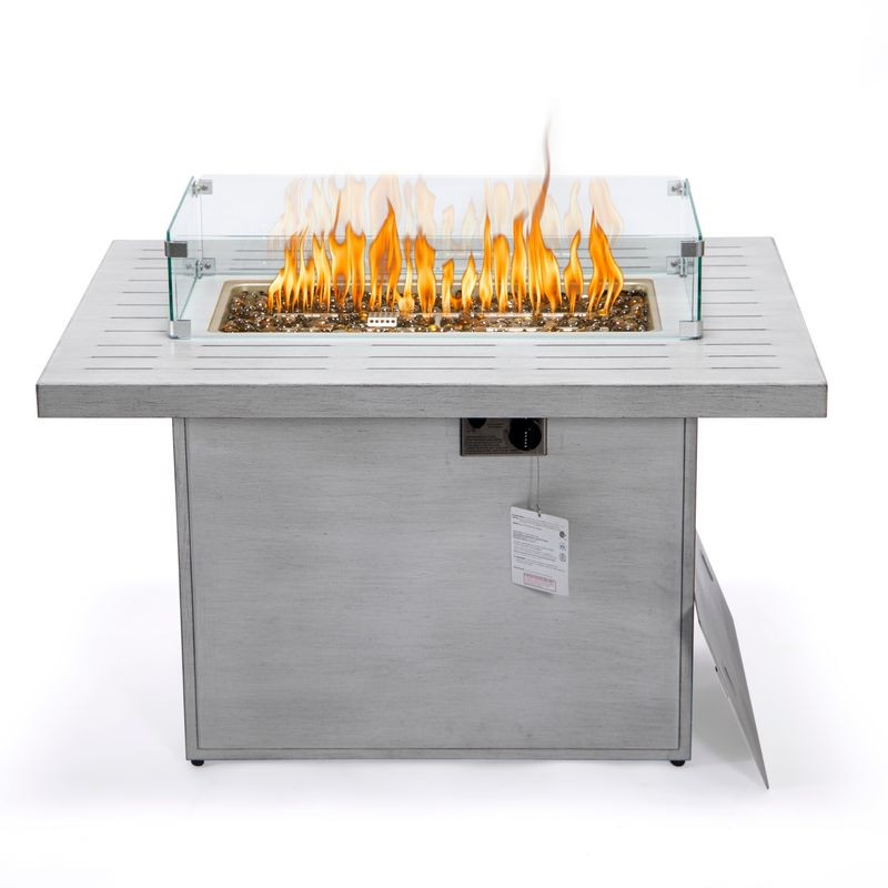 LeisureMod Chelsea Patio Modern Aluminum Propane Fire Pit Table Weathered Grey Fire Closeup.