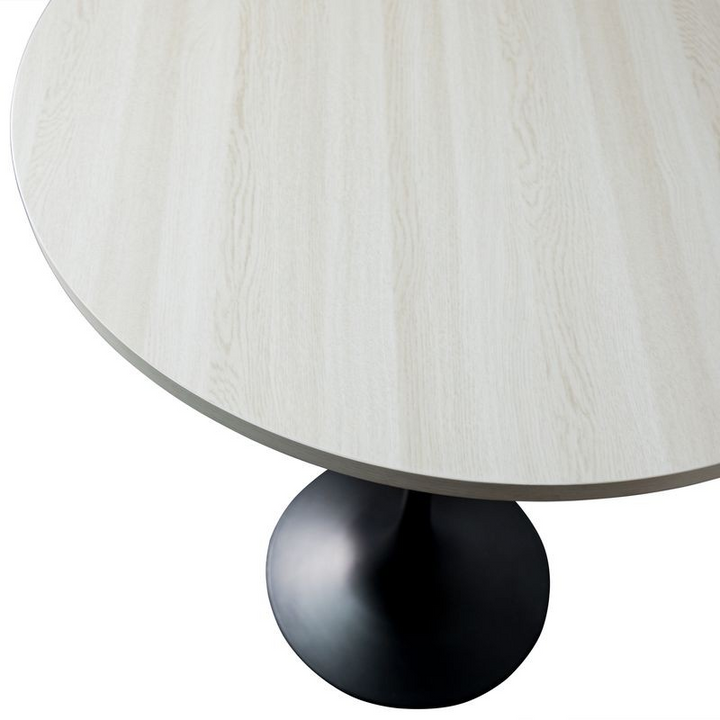 LeisureMod Verve Collection Modern Bar Height Table Black Base with 27" Round Light Natural Wood MDF Top Closeup.