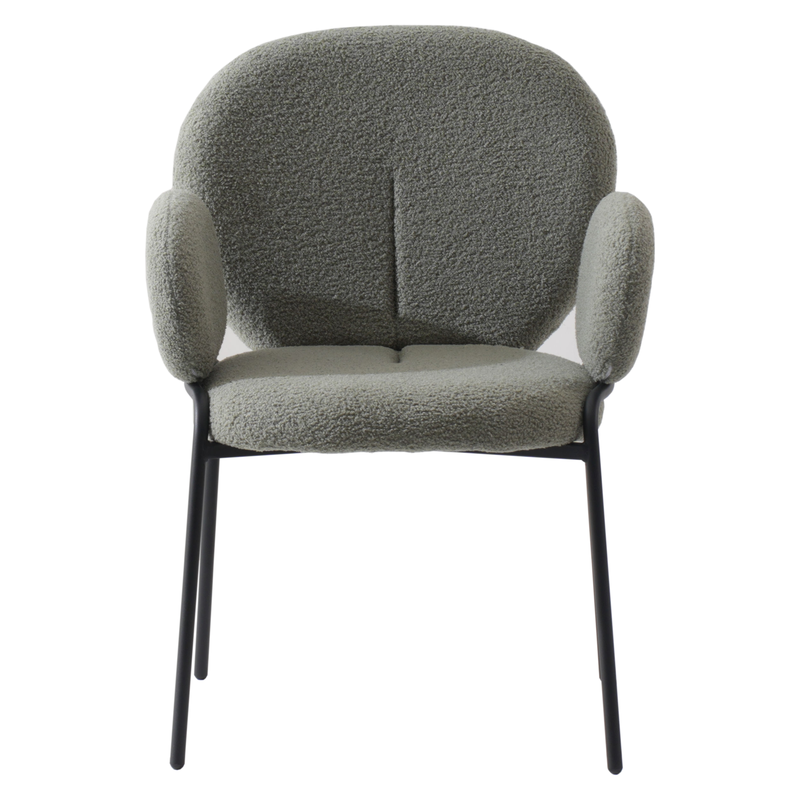Leisuremod Celestial Series Boucle Dining Armchair with Black Frame and Green Fabric Front View.