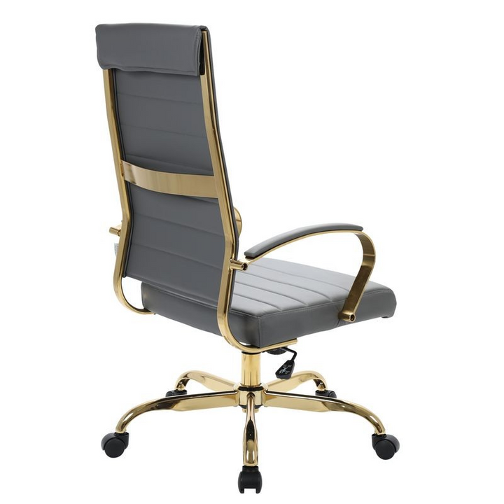 LeisureMod Benmar High-Back Leather Office Chair with Gold Frame Grey Back.