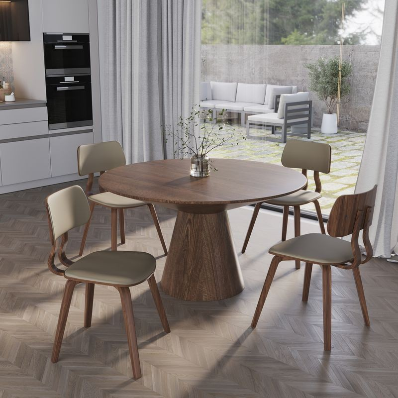 Modern Wooden Dining Chair with Walnut Color Frame in Light Brown in the Clivo Collection at Table.