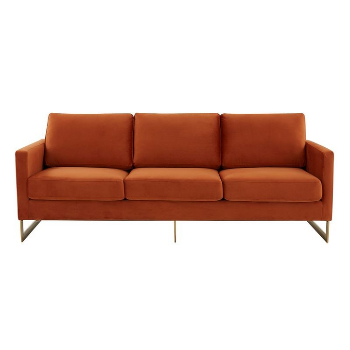 LeisureMod Lincoln Modern Mid-Century Upholstered Velvet Sofa with Gold Frame Orange Marmalade Front View.