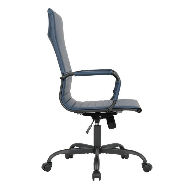 LeisureMod Harris High-Back Leather Office Chair with Black Frame Blue Side View.