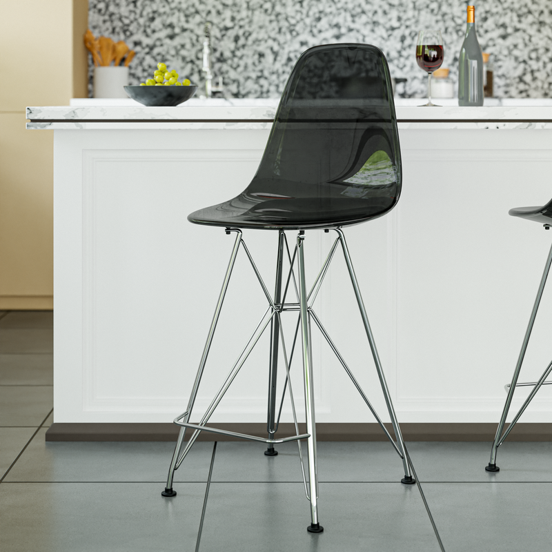 LeisureMod Cresco Modern Acrylic Barstool with Chrome Base and Footrest in Transparent Black Close View.