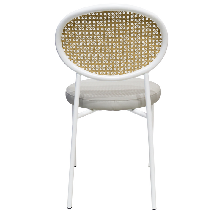 LeisureMod Euston Modern Wicker Dining Chair with White Frame and Leather Seat in White Set of 2 Back View.