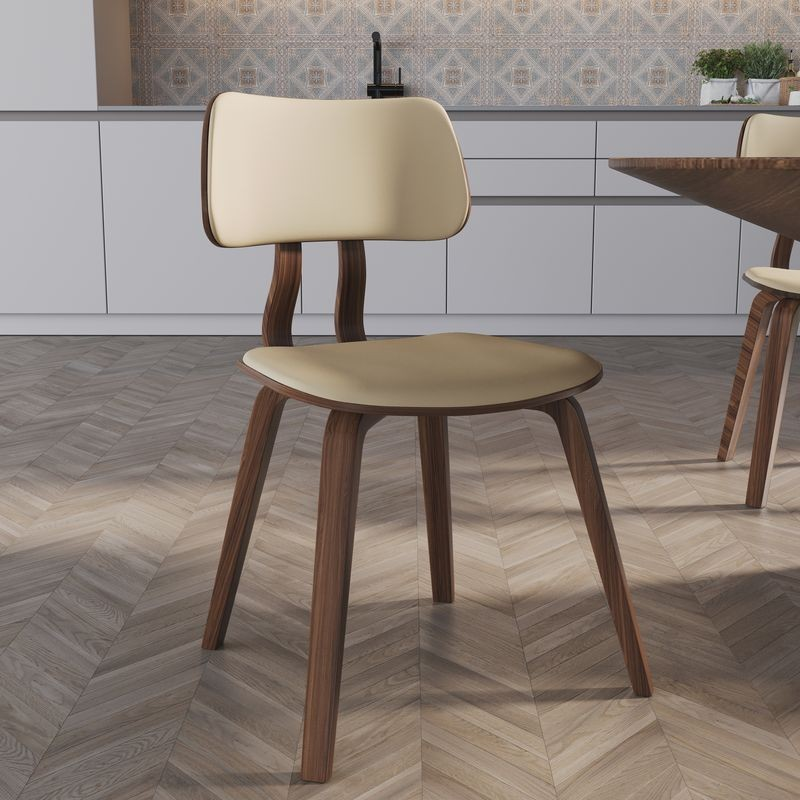 Modern Wooden Dining Chair with Walnut Color Frame in Cream in the Clivo Collection with Background.