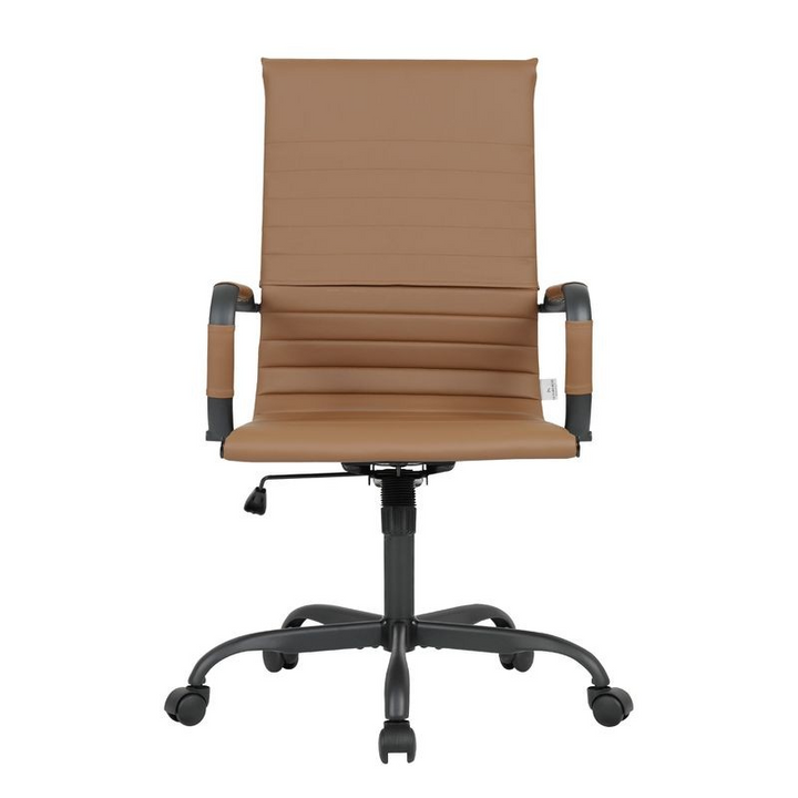 LeisureMod Harris Leather Home High-Back Office Chair in Light Brown with Black Frame Front View.