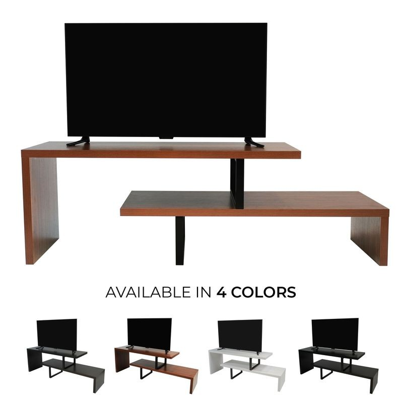 LeisureMod Orford Mid-Century Modern TV Stand with MDF Shelves and Powder Coated Iron Legs in Walnut Colors.