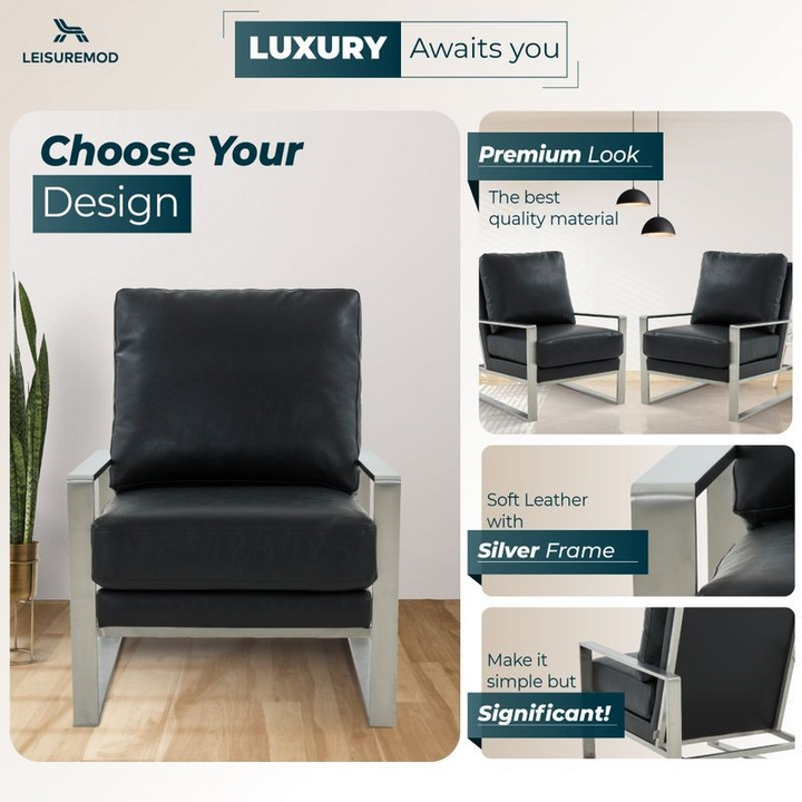 LeisureMod Jefferson Leather Modern Design Accent Armchair with Elegant Silver Frame Black Designs.