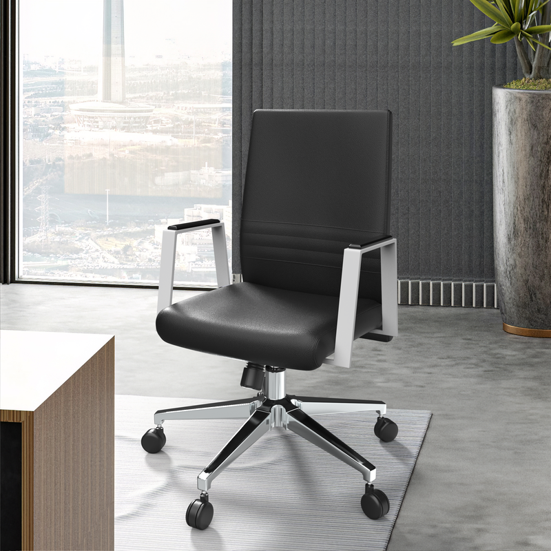 LeisureMod Aleen Office Chair in Upholstered Leather and Iron Frame with Swivel and Tilt in Black at Desk.