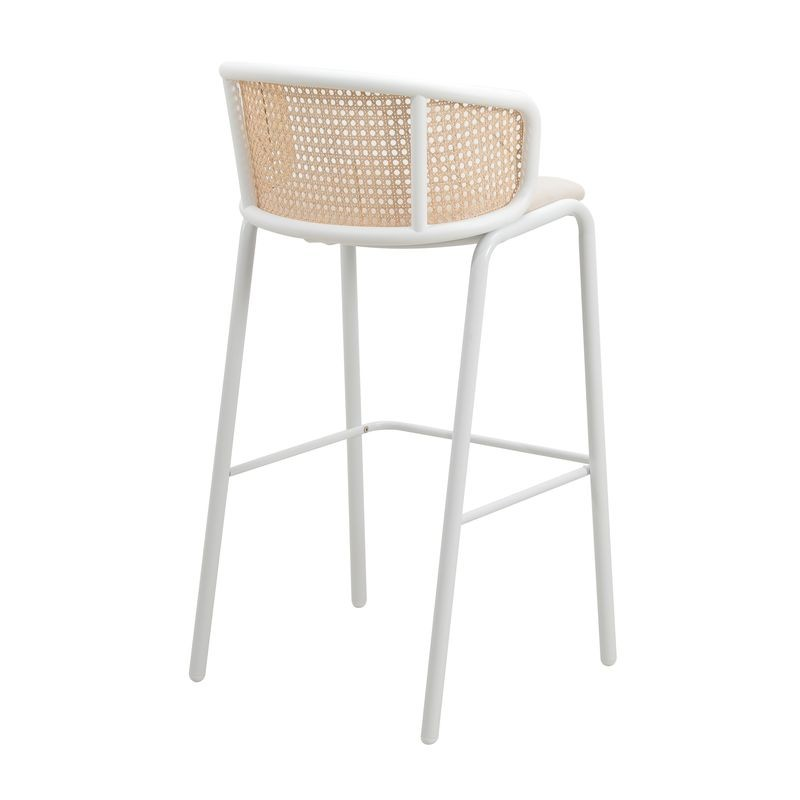 LeisureMod Ervilla Mid-Century Modern Wicker Bar Stool with Fabric Seat and White Powder Coated Steel Frame for Kitchen and Dining Room in Beige Back View.