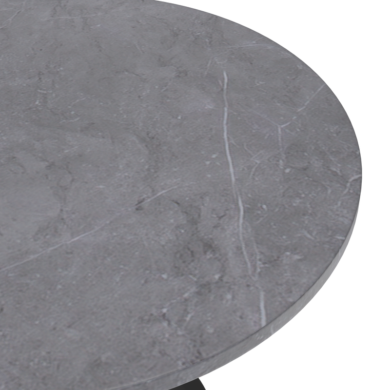 LeisureMod Verve Collection 36 Round Dining Table, Black Base with Sintered Stone Grey Top Closeup.