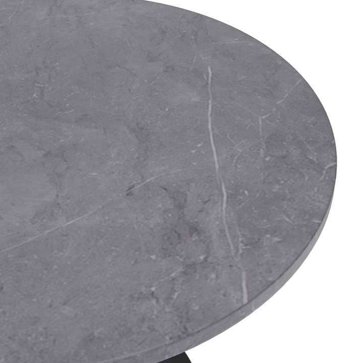 LeisureMod Verve Collection 36 Round Dining Table, Black Base with Sintered Stone Grey Top Closeup.