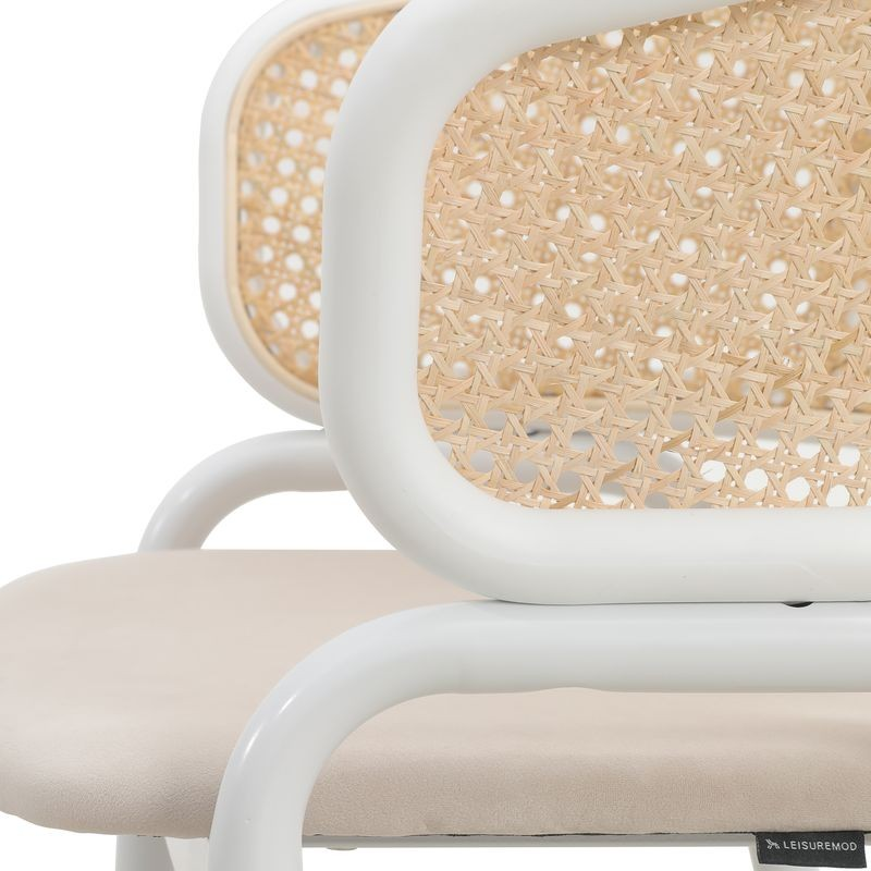 Leisuremod Ervilla Modern Dining Chair with White Powder Coated Steel Legs and Wicker Back Beige Closeup.