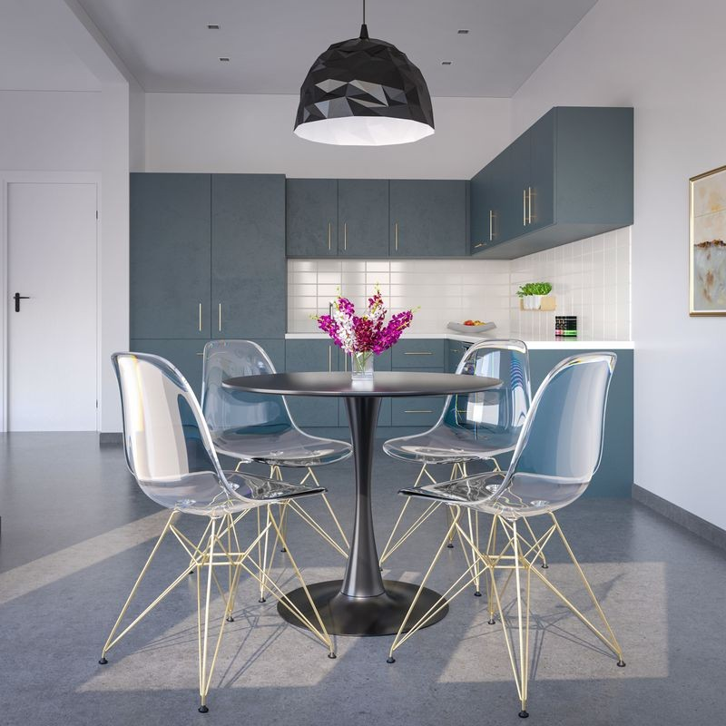 LeisureMod Cresco Molded Eiffel Side Chair with Gold Base at Table.