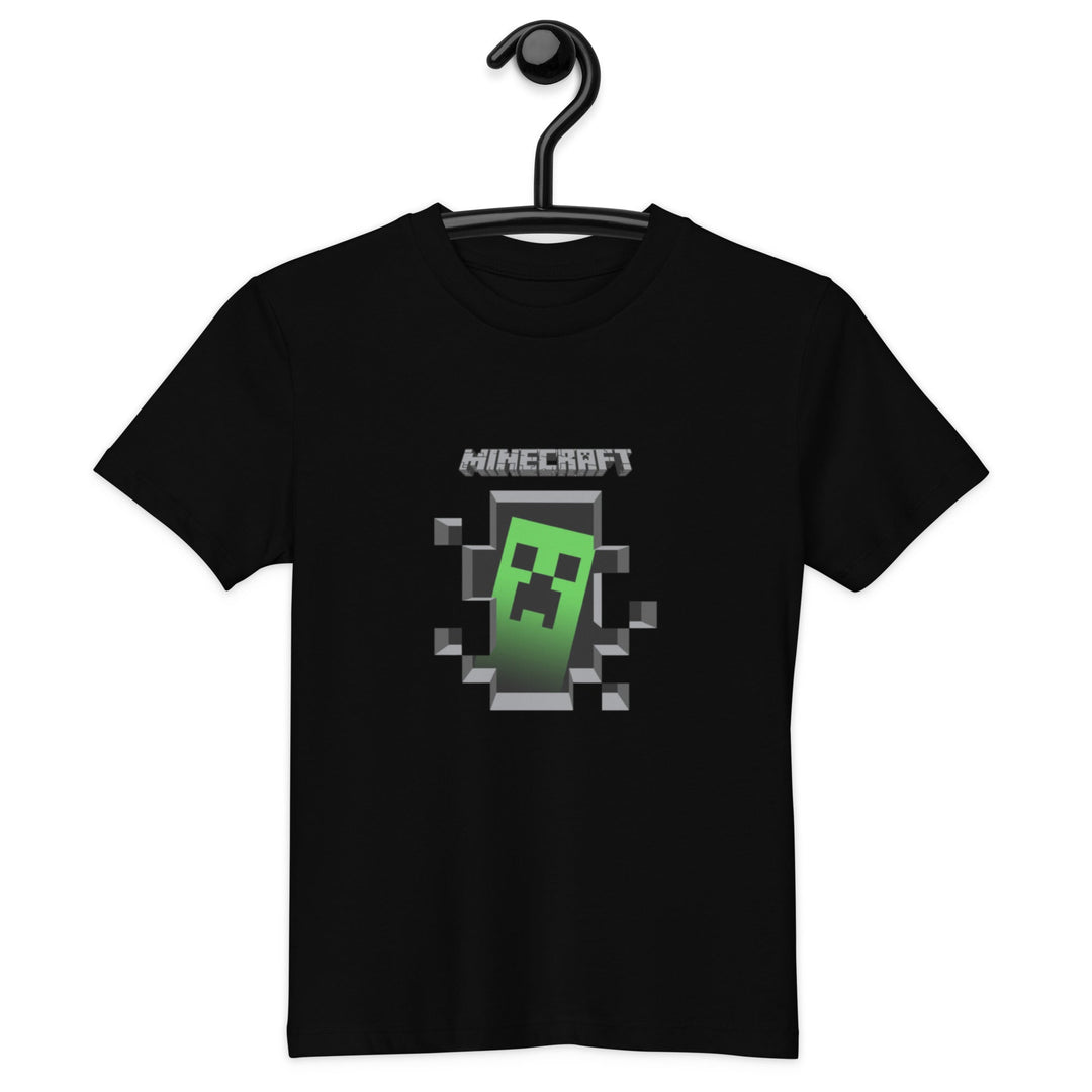 Black t-shirt with Minecraft logo and character on a hanger.