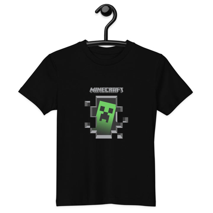 Black t-shirt with Minecraft logo and character on a hanger.