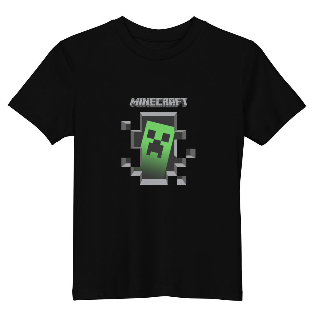 Black t-shirt with Minecraft logo and pixelated character design on a white background.
