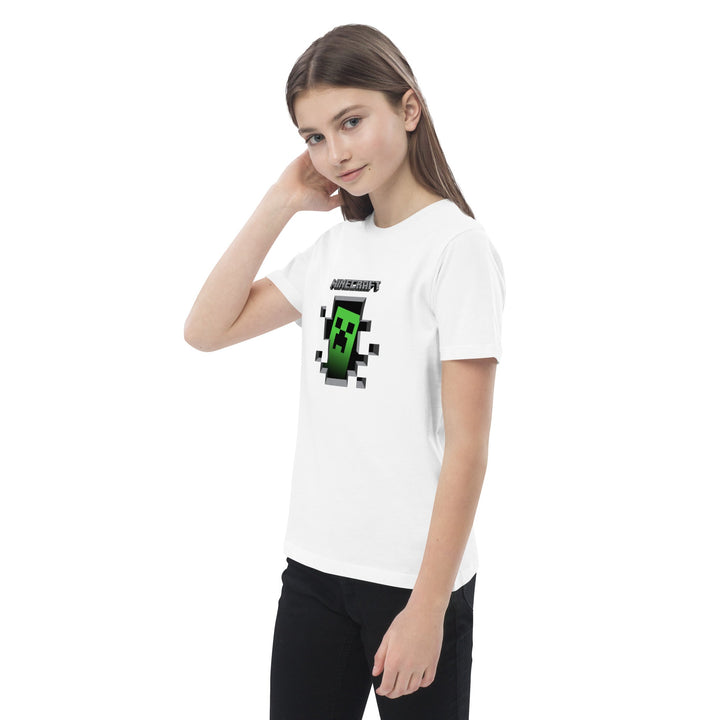 Person wearing a white t-shirt with a graphic design on a white background.