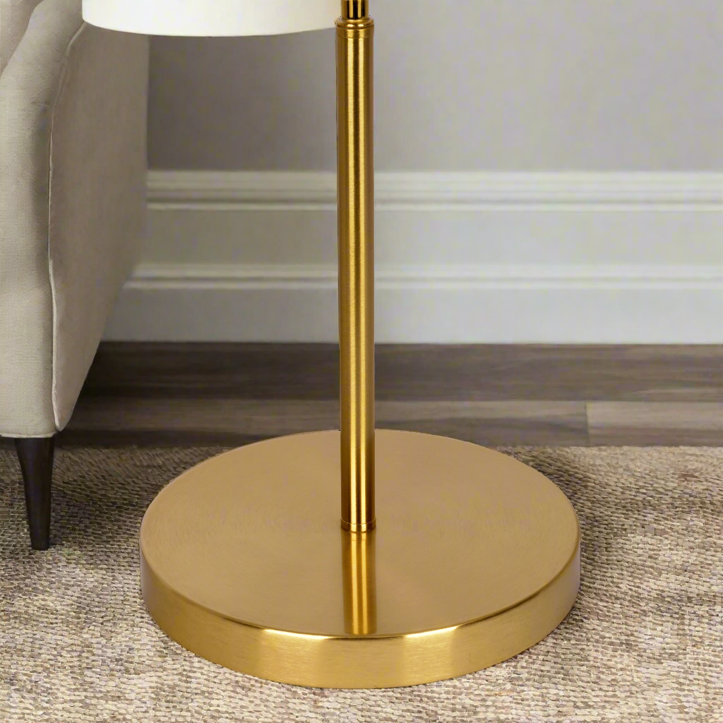 Ornate Brass Ring Base Curved Table Lamp with Triangle White Drum Shade Base View