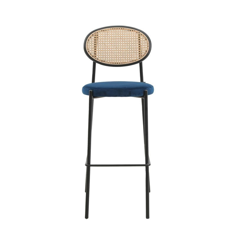LeisureMod Euston Modern Wicker Bar Stool with Black Steel Frame in Navy Blue Front View.