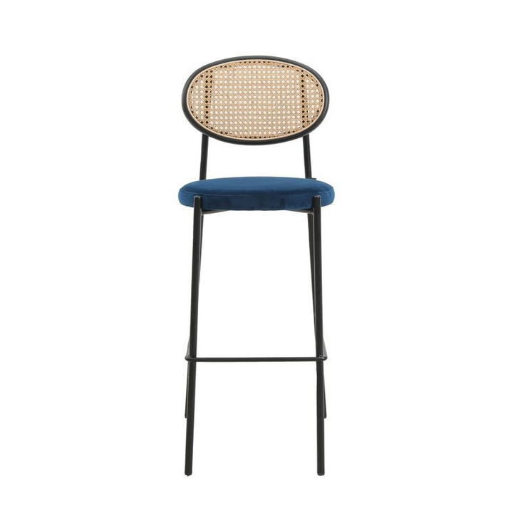 LeisureMod Euston Modern Wicker Bar Stool with Black Steel Frame in Navy Blue Front View.