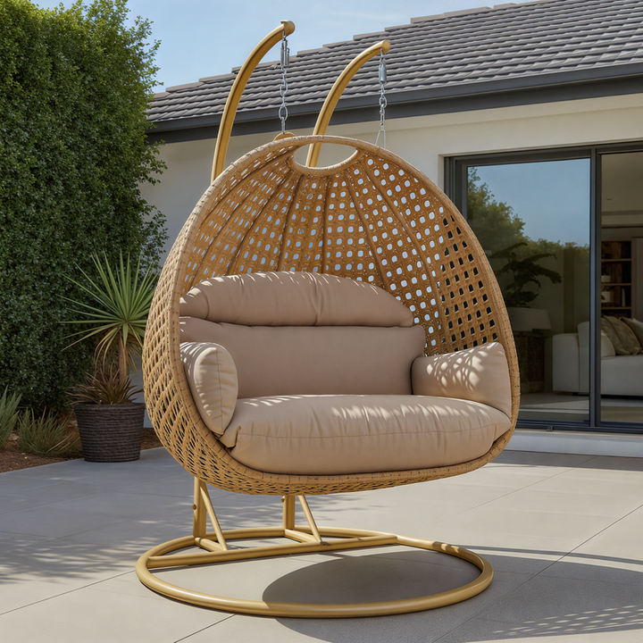LeisureMod Mendoza Light Brown Wicker Hanging 2 Person Egg Swing Chair Beige