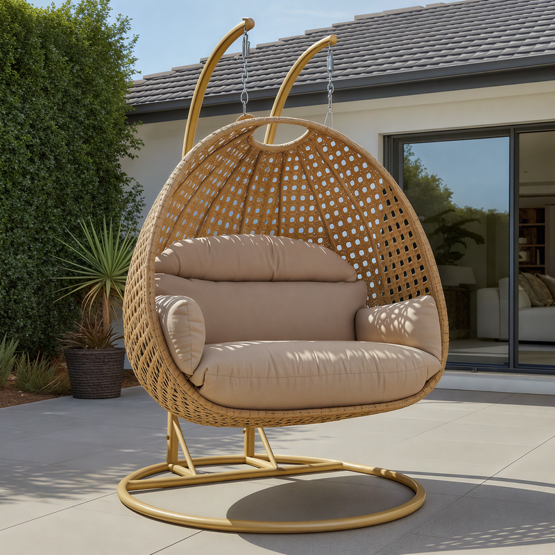 LeisureMod Mendoza Light Brown Wicker Hanging 2 Person Egg Swing Chair Beige