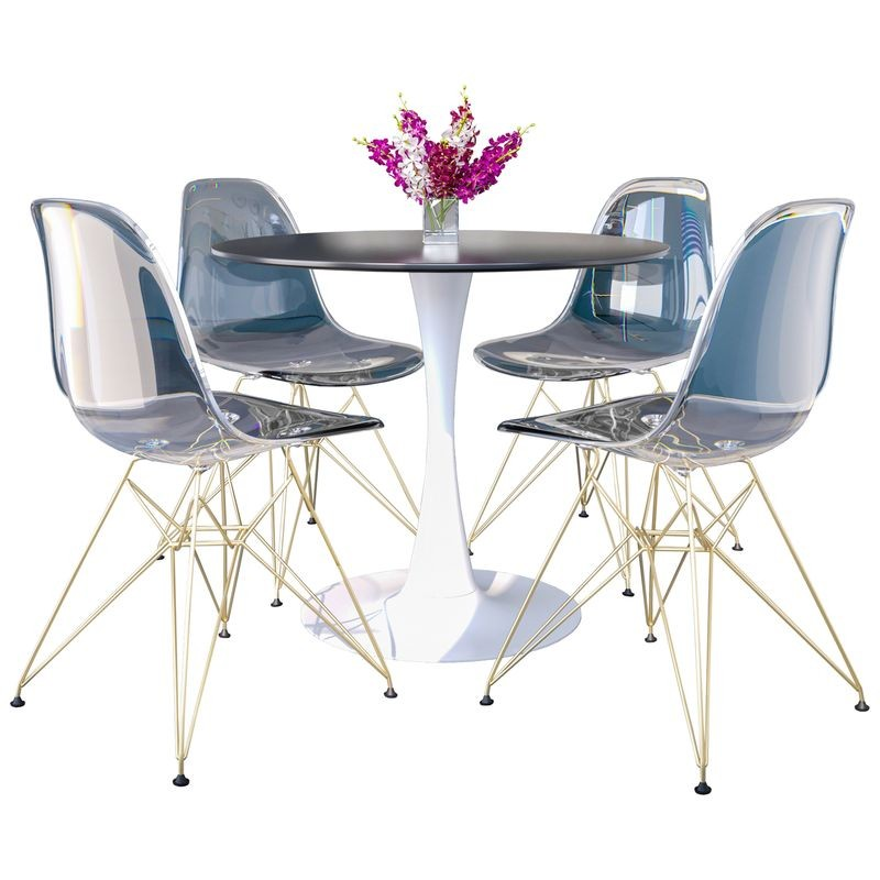LeisureMod 5-Piece Dining Set with 35" Round Dining Table in White Iron Pedestal Base and 4 ABS Plastic Side Chair with Gold Base Clear