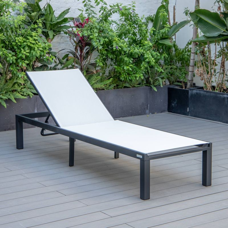 LeisureMod Marlin Patio Chaise Lounge Chair with Black Aluminum Frame White.