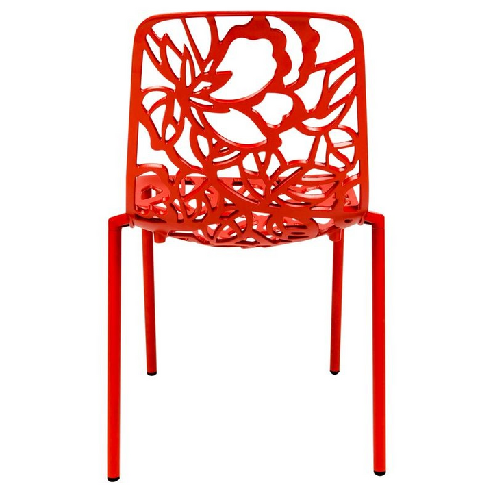 Red chair with a floral pattern on a white background.