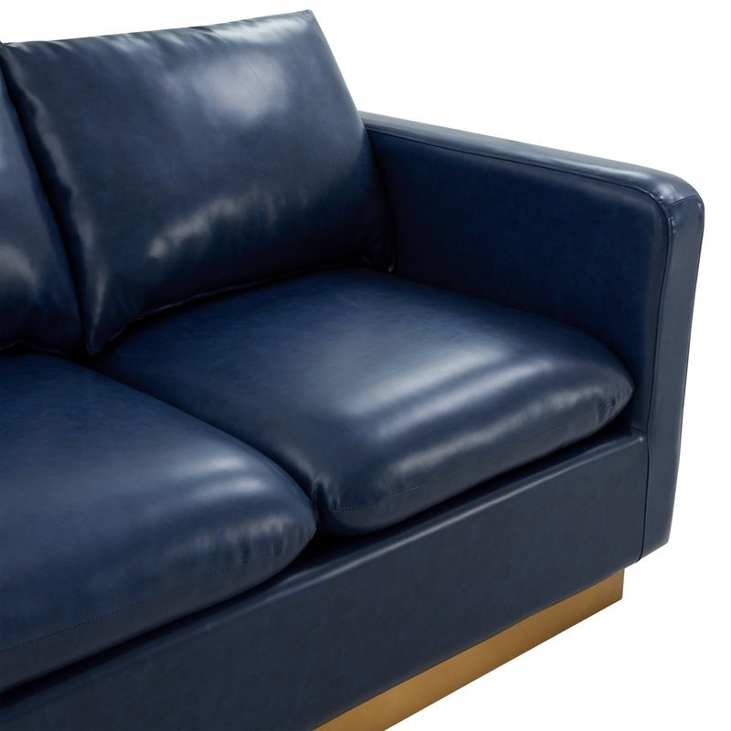 LeisureMod Nervo Modern Mid-Century Upholstered Faux Leather Loveseat with Gold Frame Navy Blue Closeup.