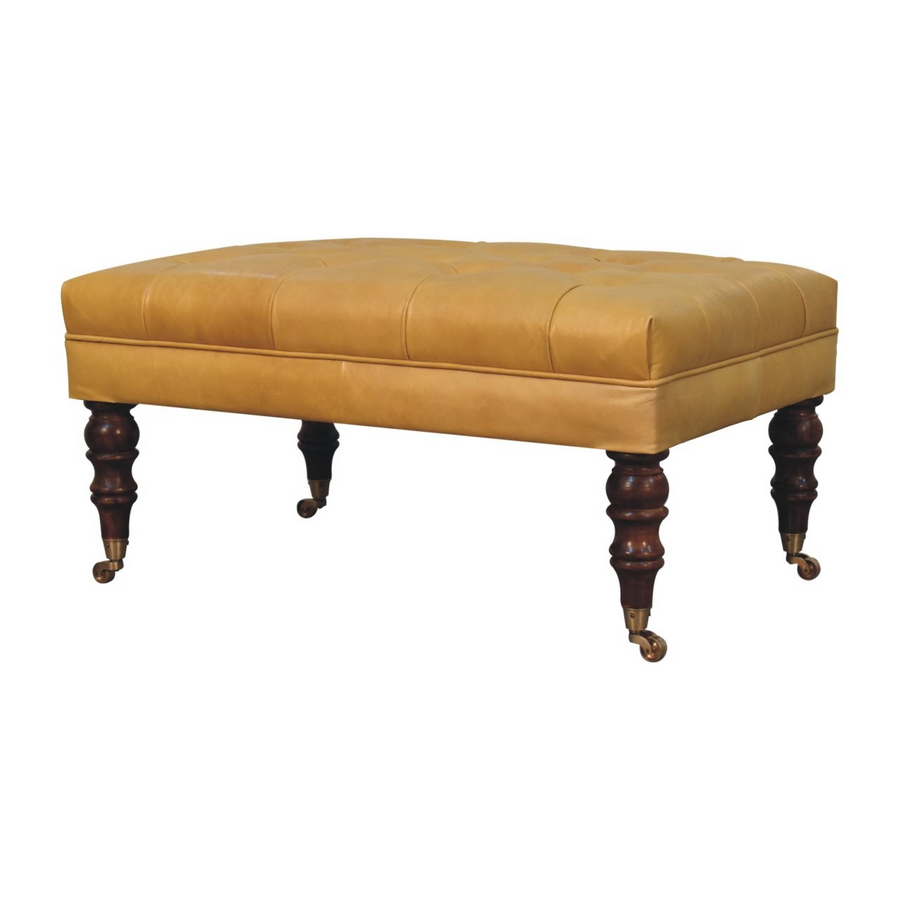 Honey Caramel Buffalo Ash Black Leather Ottoman with Castor Legs Facing Left