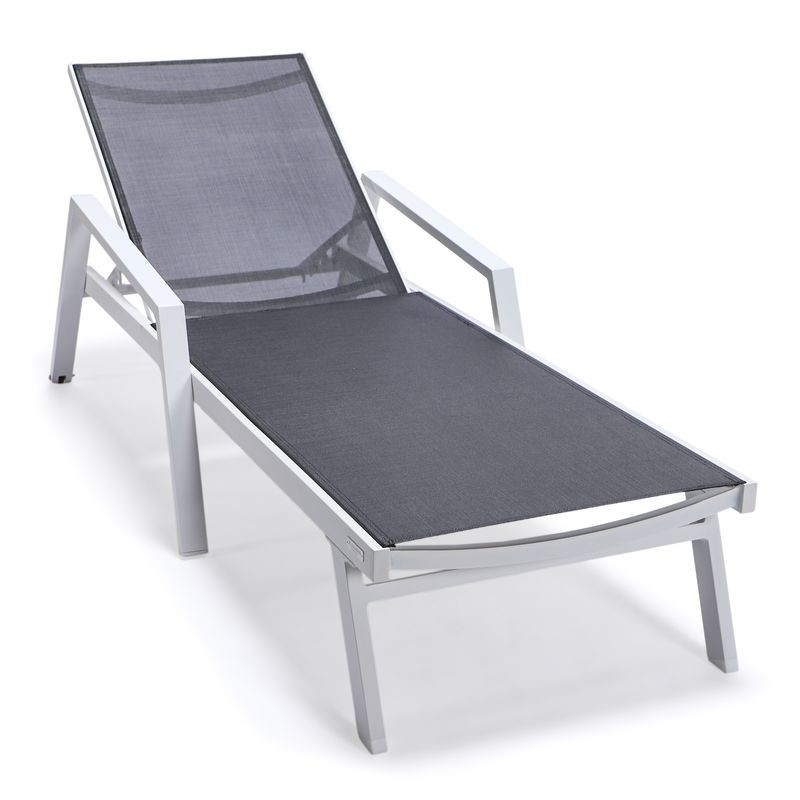 LeisureMod Marlin Patio Chaise Lounge Chair with Armrests in White Aluminum Frame Black