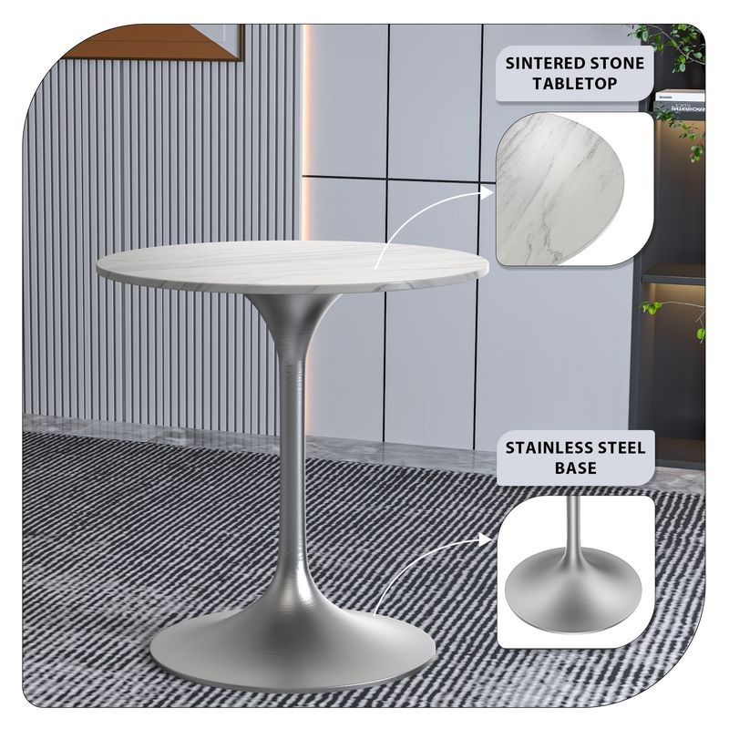 LeisureMod Verve Collection 27 Round Dining Table, Brushed Chrome Base with Sintered Stone White Top Description.