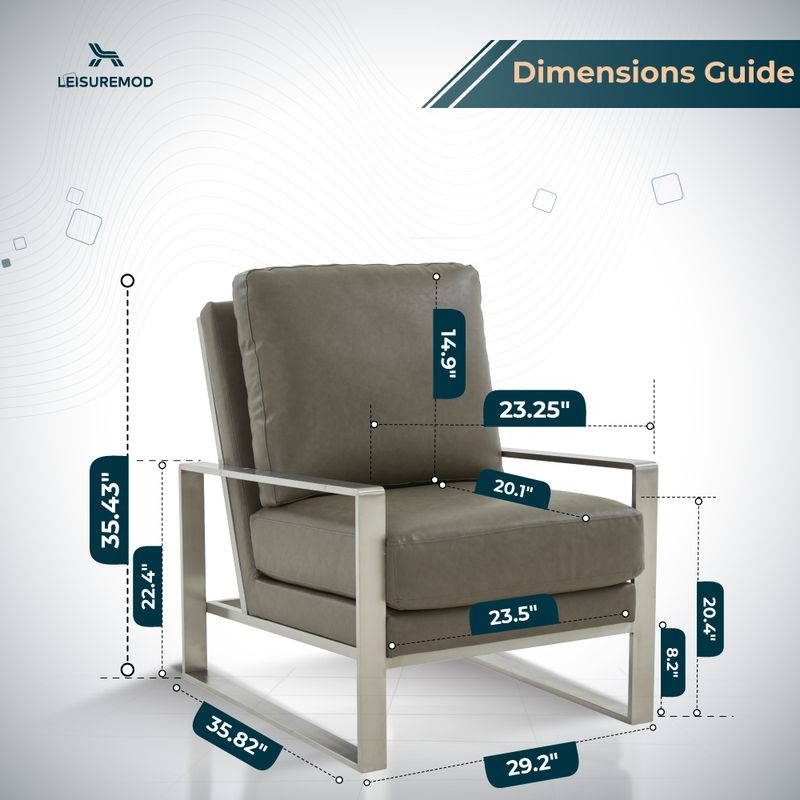 LeisureMod Jefferson Faux Leather Modern Design Accent Armchair with Elegant Silver Frame Grey Dimensions.