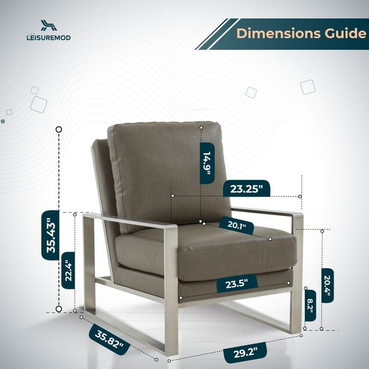 LeisureMod Jefferson Faux Leather Modern Design Accent Armchair with Elegant Silver Frame Grey Dimensions.