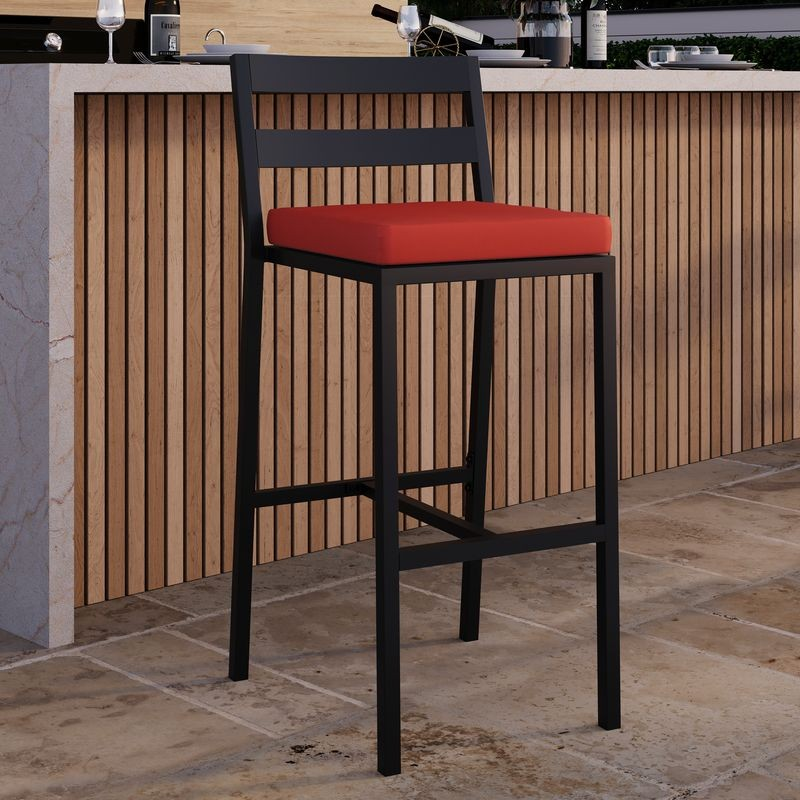 LeisureMod Chelsea Collection Modern Aluminum Outdoor Bar Chair in Black with Cherry Cushions at Bar.