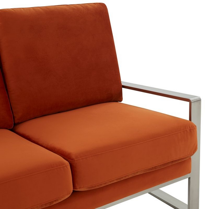 Leisuremod Jefferson Contemporary Modern Velvet Loveseat with Silver Frame Orange Closeup.