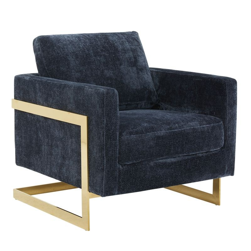 LeisureMod Lincoln Boucle Fabric Accent Armchair with Gold Stainless Steel Frame and Removable Back Cushion in Blue