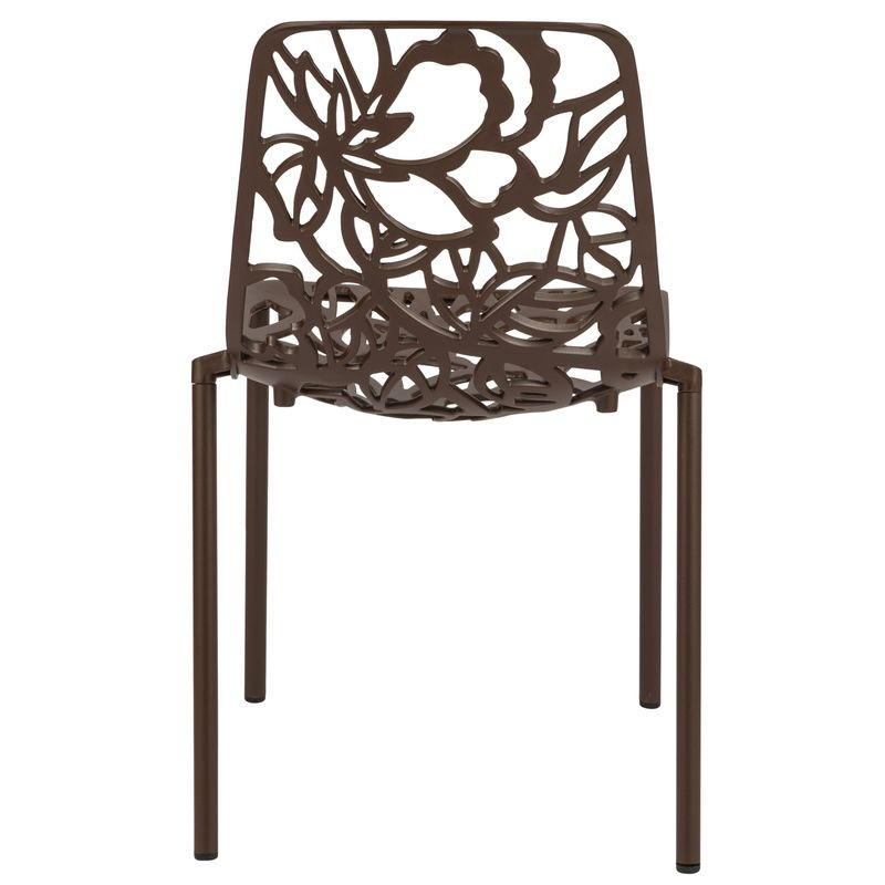 LeisureMod Devon Mid-Century Modern 3-Piece Aluminum Outdoor Patio Dining Set with Tempered Glass Top Table and 2 Stackable Flower Design Chairs Brown Chair.