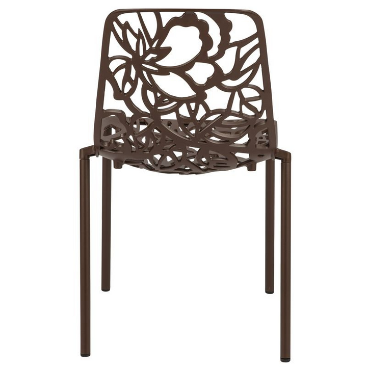 LeisureMod Devon Mid-Century Modern 3-Piece Aluminum Outdoor Patio Dining Set with Tempered Glass Top Table and 2 Stackable Flower Design Chairs Brown Chair.