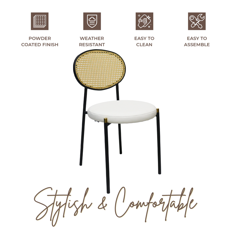 Chair with rattan backrest and white seat, featuring durability and ease of use icons on a white background.