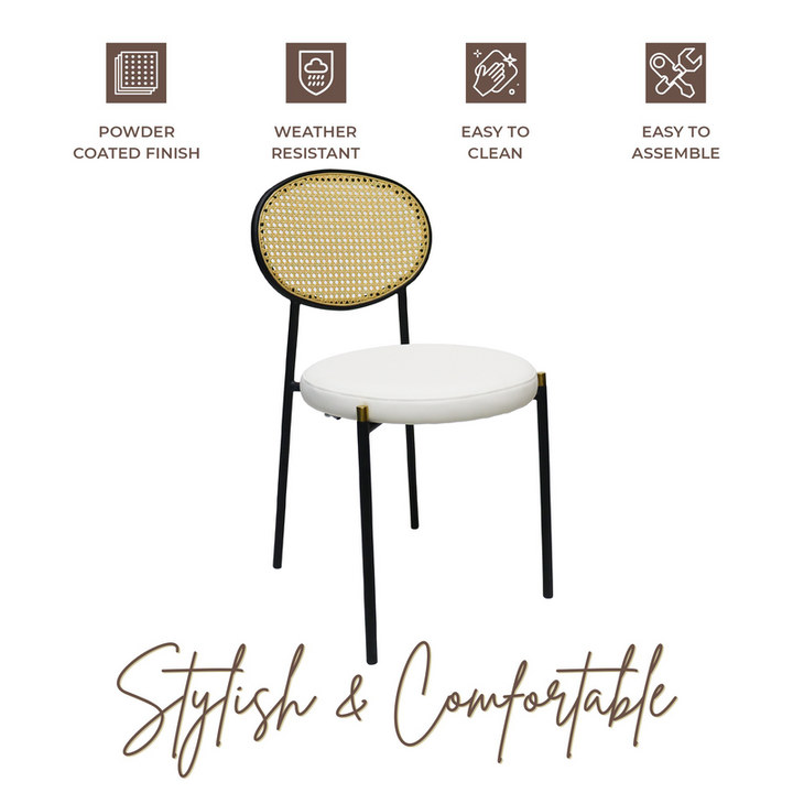 Chair with rattan backrest and white seat, featuring durability and ease of use icons on a white background.