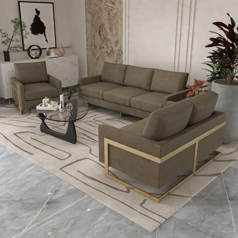LeisureMod Lincoln 3-Piece Velvet Living Room Sofa Set with Gold Frame Dark Grey