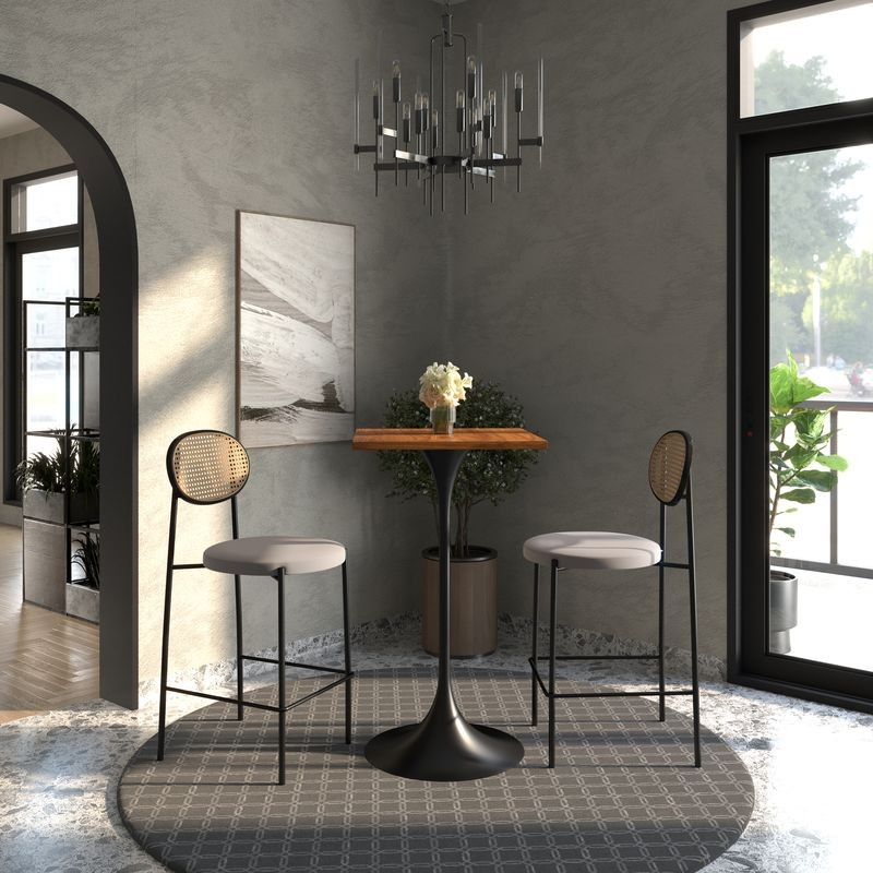 LeisureMod Verve Collection 24 Square Top Bar Height Table, White Base with Dark Maple MDF Top in Room.