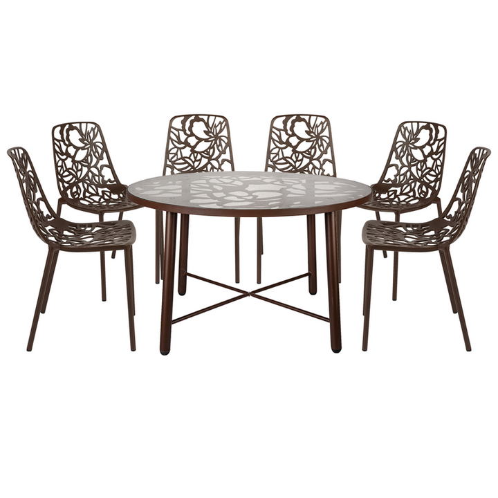 LeisureMod Devon Mid-Century Modern 7-Piece Aluminum Outdoor Patio Dining Set with Tempered Glass Top Table and 6 Stackable Flower Design Chairs Brown